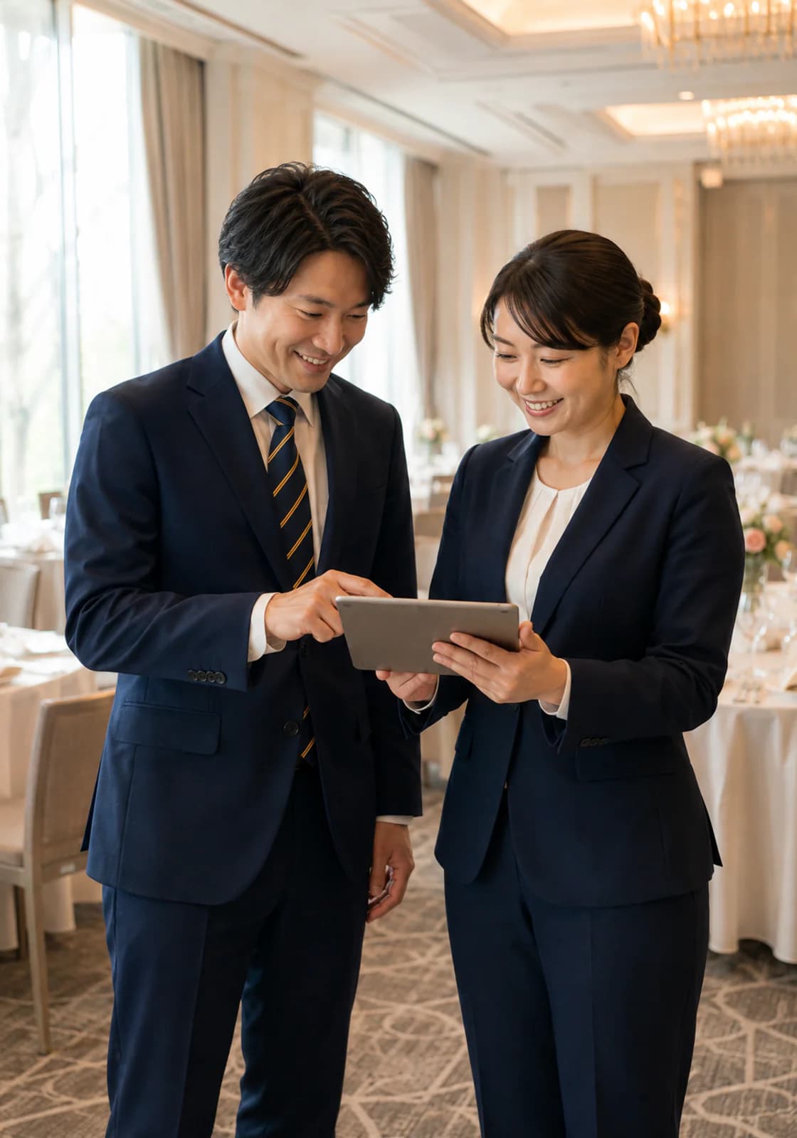 タブレットを見ながら宴会の準備を相談するホテルスタッフ（イメージ）